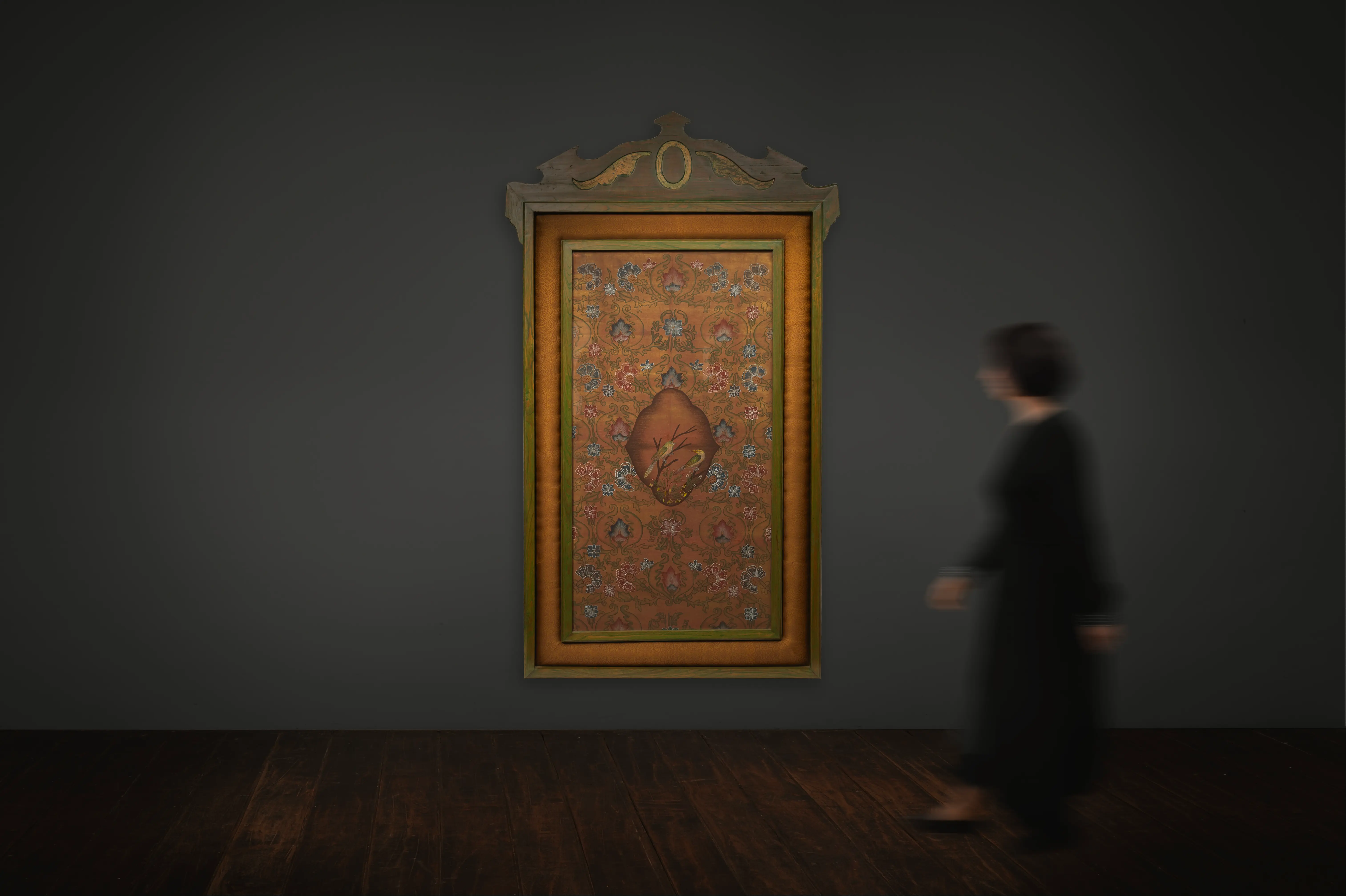 Mughal School of Art Painting in a Refurbished wooden Frame and mounted in Vintage Brocade