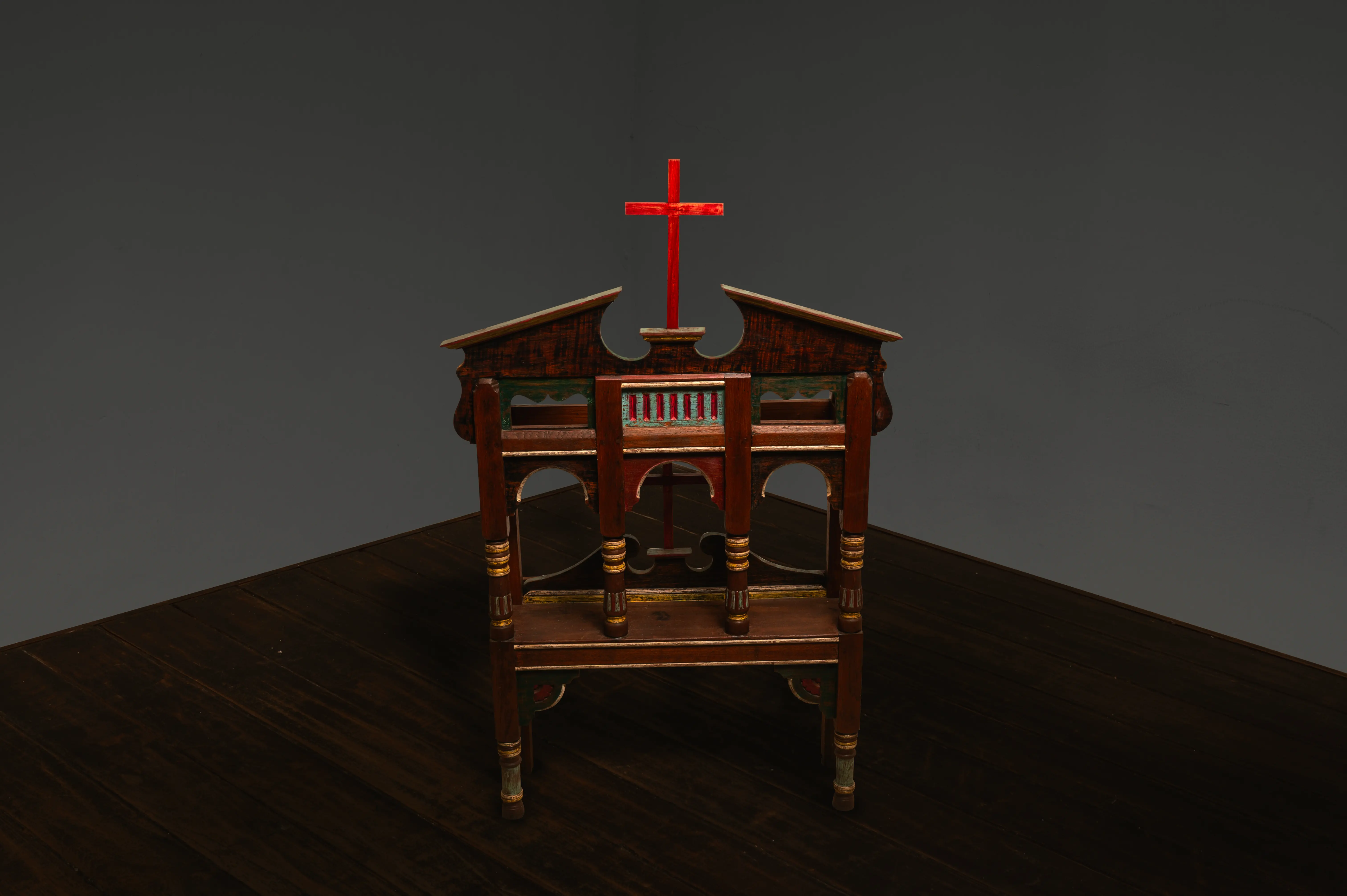 Wooden Church Altar with Red Cross
